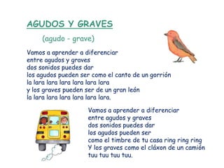 AGUDOS Y GRAVES
     (agudo - grave)
Vamos a aprender a diferenciar
entre agudos y graves
dos sonidos puedes dar
los agudos pueden ser como el canto de un gorrión
la lara lara lara lara lara lara
y los graves pueden ser de un gran león
la lara lara lara lara lara lara.

                    Vamos a aprender a diferenciar
                    entre agudos y graves
                    dos sonidos puedes dar
                    los agudos pueden ser
                    como el timbre de tu casa ring ring ring
                    Y los graves como el cláxon de un camión
                    tuu tuu tuu tuu.
 