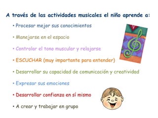 A través de las actividades musicales el niño aprende a:
  • Procesar mejor sus conocimientos

  • Manejarse en el espacio

  • Controlar el tono muscular y relajarse

  • ESCUCHAR (muy importante para entender)

  • Desarrollar su capacidad de comunicación y creatividad

  • Expresar sus emociones

  • Desarrollar confianza en sí mismo

  • A crear y trabajar en grupo
 