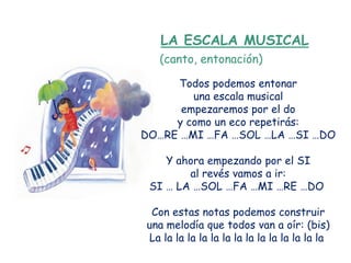LA ESCALA MUSICAL
   (canto, entonación)

     Todos podemos entonar
        una escala musical
      empezaremos por el do
     y como un eco repetirás:
DO…RE …MI …FA …SOL …LA …SI …DO

    Y ahora empezando por el SI
        al revés vamos a ir:
 SI … LA …SOL …FA …MI …RE …DO

 Con estas notas podemos construir
una melodía que todos van a oír: (bis)
La la la la la la la la la la la la la la la
 
