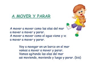 A MOVER Y PARAR

A mover a mover como las olas del mar
a mover a mover y parar.
A mover a mover como el agua viene y va
a mover a mover y parar.

      Voy a navegar en un barco en el mar
      vamos a mover a mover y parar.
      Vamos agitando las olas del mar
      así moviendo, moviendo y luego y parar. (bis)
 