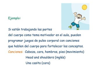 Ejemplo:


Si están trabajando las partes
del cuerpo como tema motivador en el aula, pueden
programar juegos de pulso corporal con canciones
que hablen del cuerpo para fortalecer los conceptos.
Canciones: Cabeza, cara, hombros, pies (movimiento)
            Head and shoulders (inglés)
            Una casita (cara)
 