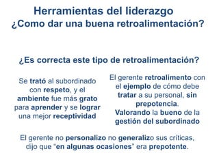 Herramientas del liderazgo
¿Es correcta este tipo de retroalimentación?
Se trató al subordinado
con respeto, y el
ambiente fue más grato
para aprender y se lograr
una mejor receptividad
El gerente retroalimento con
el ejemplo de cómo debe
tratar a su personal, sin
prepotencia.
Valorando la bueno de la
gestión del subordinado
El gerente no personalizo no generalizo sus críticas,
dijo que “en algunas ocasiones” era prepotente.
¿Como dar una buena retroalimentación?
 