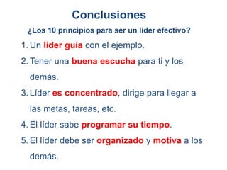 Conclusiones
1. Un líder guía con el ejemplo.
2. Tener una buena escucha para ti y los
demás.
3. Líder es concentrado, dirige para llegar a
las metas, tareas, etc.
4. El líder sabe programar su tiempo.
5. El líder debe ser organizado y motiva a los
demás.
¿Los 10 principios para ser un líder efectivo?
 