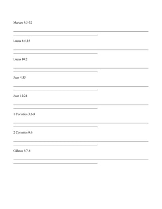 Marcos 4:3-32

_____________________________________________________________________________________
_____________________________________________________

Lucas 8:5-15

_____________________________________________________________________________________
_____________________________________________________

Lucas 10:2

_____________________________________________________________________________________
_____________________________________________________

Juan 4:35

_____________________________________________________________________________________
_____________________________________________________

Juan 12:24

_____________________________________________________________________________________
_____________________________________________________

1 Corintios 3:6-8

_____________________________________________________________________________________
_____________________________________________________

2 Corintios 9:6

_____________________________________________________________________________________
_____________________________________________________

Gálatas 6:7-8

_____________________________________________________________________________________
_____________________________________________________
 