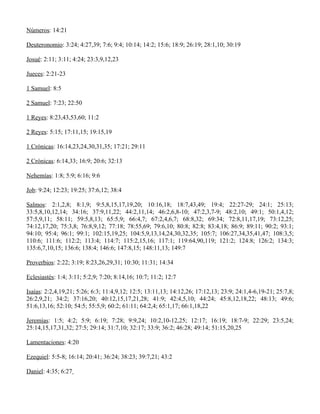 Números: 14:21

Deuteronomio: 3:24; 4:27,39; 7:6; 9:4; 10:14; 14:2; 15:6; 18:9; 26:19; 28:1,10; 30:19

Josué: 2:11; 3:11; 4:24; 23:3,9,12,23

Jueces: 2:21-23

1 Samuel: 8:5

2 Samuel: 7:23; 22:50

1 Reyes: 8:23,43,53,60; 11:2

2 Reyes: 5:15; 17:11,15; 19:15,19

1 Crónicas: 16:14,23,24,30,31,35; 17:21; 29:11

2 Crónicas: 6:14,33; 16:9; 20:6; 32:13

Nehemías: 1:8; 5:9; 6:16; 9:6

Job: 9:24; 12:23; 19:25; 37:6,12; 38:4

Salmos: 2:1,2,8; 8:1,9; 9:5,8,15,17,19,20; 10:16,18; 18:7,43,49; 19:4; 22:27-29; 24:1; 25:13;
33:5,8,10,12,14; 34:16; 37:9,11,22; 44:2,11,14; 46:2,6,8-10; 47:2,3,7-9; 48:2,10; 49:1; 50:1,4,12;
57:5,9,11; 58:11; 59:5,8,13; 65:5,9; 66:4,7; 67:2,4,6,7; 68:8,32; 69:34; 72:8,11,17,19; 73:12,25;
74:12,17,20; 75:3,8; 76:8,9,12; 77:18; 78:55,69; 79:6,10; 80:8; 82:8; 83:4,18; 86:9; 89:11; 90:2; 93:1;
94:10; 95:4; 96:1; 99:1; 102:15,19,25; 104:5,9,13,14,24,30,32,35; 105:7; 106:27,34,35,41,47; 108:3,5;
110:6; 111:6; 112:2; 113:4; 114:7; 115:2,15,16; 117:1; 119:64,90,119; 121:2; 124:8; 126:2; 134:3;
135:6,7,10,15; 136:6; 138:4; 146:6; 147:8,15; 148:11,13; 149:7

Proverbios: 2:22; 3:19; 8:23,26,29,31; 10:30; 11:31; 14:34

Eclesiastés: 1:4; 3:11; 5:2,9; 7:20; 8:14,16; 10:7; 11:2; 12:7

Isaías: 2:2,4,19,21; 5:26; 6:3; 11:4,9,12; 12:5; 13:11,13; 14:12,26; 17:12,13; 23:9; 24:1,4-6,19-21; 25:7,8;
26:2,9,21; 34:2; 37:16,20; 40:12,15,17,21,28; 41:9; 42:4,5,10; 44:24; 45:8,12,18,22; 48:13; 49:6;
51:6,13,16; 52:10; 54:5; 55:5,9; 60:2; 61:11; 64:2,4; 65:1,17; 66:1,18,22

Jeremías: 1:5; 4:2; 5:9; 6:19; 7:28; 9:9,24; 10:2,10-12,25; 12:17; 16:19; 18:7-9; 22:29; 23:5,24;
25:14,15,17,31,32; 27:5; 29:14; 31:7,10; 32:17; 33:9; 36:2; 46:28; 49:14; 51:15,20,25

Lamentaciones: 4:20

Ezequiel: 5:5-8; 16:14; 20:41; 36:24; 38:23; 39:7,21; 43:2

Daniel: 4:35; 6:27
 