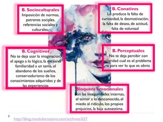 B. Cognitivos
No te deja usar la imaginación,
el apego a lo lógico, la excesiva
familiaridad a un tema, el
abandono de los sueños,
conservadurismo de los
conocimientos adquiridos y de
las experiencias
Bloqueos emocionales
Son las inseguridades internas,
el temor a lo desconocido, el
miedo al ridículo, los propios
prejuicios, la baja autoestima.
B. Perceptuales
No te deja percibir con
claridad cual es el problema
o para ver lo que es obvio
http://blog.micelulacreativa.com/archives/627
B. Socioculturales
Imposición de normas,
patrones sociales,
referencias sociales y
culturales.
B. Conativos
Lo produce la falta de
curiosidad, la desmotivación,
la falta de deseo, de actitud,
falta de voluntad
 
