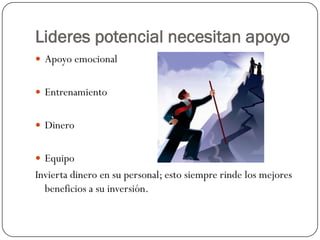 Lideres potencial necesitan apoyo
 Apoyo emocional


 Entrenamiento


 Dinero


 Equipo
Invierta dinero en su personal; esto siempre rinde los mejores
  beneficios a su inversión.
 