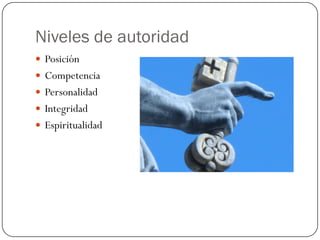 Niveles de autoridad
 Posición
 Competencia
 Personalidad
 Integridad
 Espiritualidad
 