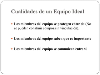 Cualidades de un Equipo Ideal

 Los miembros del equipo se protegen entre si: (No
 se pueden construir equipos sin vinculación).

 Los miembros del equipo saben que es importante


 Los miembros del equipo se comunican entre si
 