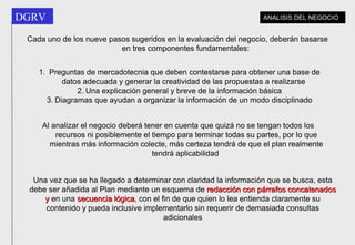Cada uno de los nueve pasos sugeridos en la evaluación del negocio, deberán basarse en tres componentes fundamentales: Preguntas de mercadotecnia que deben contestarse para obtener una base de datos adecuada y generar la creatividad de las propuestas a realizarse Una explicación general y breve de la información básica Diagramas que ayudan a organizar la información de un modo disciplinado Al analizar el negocio deberá tener en cuenta que quizá no se tengan todos los recursos ni posiblemente el tiempo para terminar todas su partes, por lo que mientras más información colecte, más certeza tendrá de que el plan realmente tendrá aplicabilidad   Una vez que se ha llegado a determinar con claridad la información que se busca, esta debe ser añadida al Plan mediante un esquema de  redacción con párrafos concatenados   y  en una  secuencia lógica , con el fin de que quien lo lea entienda claramente su contenido y pueda inclusive implementarlo sin requerir de demasiada consultas adicionales ANALISIS DEL NEGOCIO 