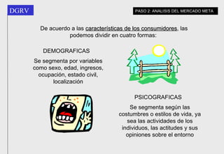 DEMOGRAFICAS Se segmenta por variables como sexo, edad, ingresos, ocupación, estado civil, localización PSICOGRAFICAS Se segmenta según las costumbres o estilos de vida, ya sea las actividades de los individuos, las actitudes y sus opiniones sobre el entorno De acuerdo a las  características de los consumidores , las podemos dividir en cuatro formas:  PASO 2: ANALISIS DEL MERCADO META 