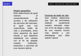 Región geográfica Esto determinará de igual manera el comportamiento de compra y de utilización de servicios del mercado, al igual que sus costumbres, estilo de vida y prioridades, entre otros aspectos de igual interés y que debemos establecer con certeza con el fin de adaptar nuestra institución, productos y servicios de una manera óptima   Factores de estilo de vida Que implica determinar que tipo de actividades realizan usualmente nuestro mercado meta, con el fin de llegar a ellos de una manera mucho más directa y con estrategias que ellos sabrán valorar   PASO 2: ANALISIS DEL MERCADO META 
