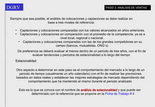 Captaciones y colocaciones comparadas con los valores alcanzados en años anteriores. Captaciones y colocaciones en comparación con el promedio de la competencia, ya se a nivel local, regional o nacional. Captaciones y colocaciones comparadas con las de los grandes competidores en su campo (bancos, mutualistas, ONG´s) Esto es lo que se conoce con el nombre de  análisis de estacionalidad  y que puede ser determinado con la referencia que se propone en la  Ficha de Trabajo # 4   De preferencia se deberá evaluar al menos dentro de un periodo de tres años, con el fin de evaluar tendencias y periodos de estacionalidad a lo largo del tiempo   Otro aspecto a determinar en este paso es el comportamiento del mercado a lo largo de un periodo de tiempo (usualmente un año calendario) con el fin de realizar las previsiones basados en datos reales y establecer las mejores estrategias de mercado dependiendo del comportamiento que ha mantenido el mismo durante el periodo analizado   Estacionalidad Siempre que sea posible, el análisis de colocaciones y captaciones se debe realizar en base a tres niveles de referencia: PASO 3: ANALISIS DE VENTAS 