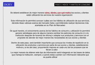 De igual manera, el conocimiento acerca de los hábitos de consumo y utilización le permitirá generar estrategias para de alguna manera cambiar los patrones de consumo (ir a la institución después de horarios de oficina) o adaptar sus productos y servicios con el propósito de atender de mejor manera las necesidades de sus socios y clientes   Se deberá establecer de mejor manera  cómo, dónde y por qué motivo  los socios y clientes están utilizando los servicios de nuestra organización Esta información le permitirá conocer cuáles son los hábitos de utilización de sus servicios, dándole ideas valiosas acerca del mercado meta y permitiéndole realizar decisiones más acertadas en su Plan de Mercadeo   Dentro de este paso, será también importante que conozca los niveles de repetición en la utilización de productos y servicios por parte de sus socios y clientes, estableciendo motivos y si es del caso, proponiendo mejoras en cada uno de los procesos que se llevan a cabo   La mejor manera de obtener este tipo de información será indagando en las bases de datos que maneja la institución, siempre y cuando éstas cuenten con información relevante que se pueda utilizar PASO 5: INDICE Y HABITOS DE CONSUMO 