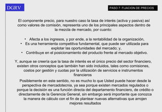Afecta a los ingresos, y por ende, a la rentabilidad de la organización, Es una herramienta competitiva fundamental, que puede ser utilizada para explotar las oportunidades del mercado; y, Contribuye en el posicionamiento del producto frente al mercado objetivo. El componente precio, para nuestro caso la tasa de interés (activa y pasiva) así como valores de comisión, representa uno de los principales aspectos dentro de la mezcla de mercado, por cuanto:  Y, aunque se creería que la tasa de interés es el único precio del sector financiero, existen otros conceptos que también han sido incluidos, tales como comisiones, costos por gestión y cuotas por la utilización de servicios e instrumentos financieros   Posiblemente en este sentido, no es mucho lo que Usted puede hacer desde la perspectiva de mercadotecnia, ya sea porque existen mercados regulados o porque la decisión es una función directa del departamento financiero, de crédito o directamente de la Gerencia General, sin embargo será importante que conozca la manera de cálculo con el fin de plantear nuevas alternativas que arrojen mejores resultados PASO 7: FIJACION DE PRECIOS 