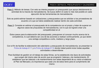 Paso 2 .  Método de tareas: Con esto se intenta preparar un presupuesto que apoye debidamente la actividad de la mezcla de mercadotecnia. Se busca definir el costo lo más real posible en cada ejecución de las herramientas de mercadotecnia Esto se podrá estimar basado en cotizaciones y presupuestos que se solicitan a los proveedores de acuerdo a lo que se había establecido realizar dentro de cada actividad. Paso 3 . Consiste en estimar el presupuesto de la competencia con el propio y tratar de superar en algunos casos las propuestas de mercadotecnia, con lo que se logrará crear una competitividad en el  Estos pasos para la elaboración del presupuesto, presuponen el conocer mucho acerca de la competencia, lo cual debería ser una de las acciones a realizar continuamente, ya que darán una ventaja competitiva a corto, mediano y largo plazo Con el fin de facilitar la elaboración del calendario y presupuesto de mercadotecnia, se presentan la  Ficha de trabajo # 11  y  la Ficha de trabajo # 12  donde Usted podrá incluir todas aquellas actividades a desarrollarse Para facilidad de gestión en el trabajo de estas fichas, se ha establecido dos tipos de actividades que surgen del mismo plan de acción que se programó: básicas y de mantenimiento. El establecer que tan básicas o de mantenimiento son estas dependerá de su visión al elaborar el Plan de Mercado y la importancia que cada uno de estos tiene para el cumplimiento del mismo PASO 8: DEFINA EL PRESUPUESTO Y CALENDARIO 