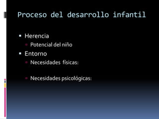 Proceso del desarrollo infantil

 Herencia
   Potencial del niño
 Entorno
   Necesidades físicas:


   Necesidades psicológicas:
 