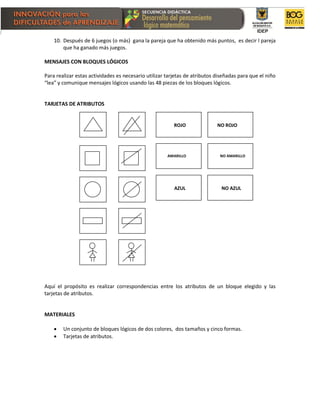 10. Después de 6 juegos (o más) gana la pareja que ha obtenido más puntos, es decir l pareja
que ha ganado más juegos.
MENSAJES CON BLOQUES LÓGICOS
Para realizar estas actividades es necesario utilizar tarjetas de atributos diseñadas para que el niño
“lea” y comunique mensajes lógicos usando las 48 piezas de los bloques lógicos.
TARJETAS DE ATRIBUTOS
Aquí el propósito es realizar correspondencias entre los atributos de un bloque elegido y las
tarjetas de atributos.
MATERIALES
 Un conjunto de bloques lógicos de dos colores, dos tamaños y cinco formas.
 Tarjetas de atributos.
AZUL
NO ROJO
NO AMARILLOAMARILLO
ROJO
NO AZUL
 