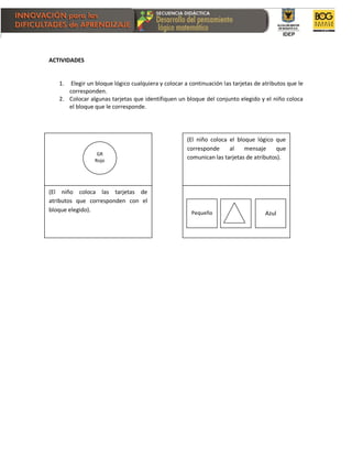 ACTIVIDADES
1. Elegir un bloque lógico cualquiera y colocar a continuación las tarjetas de atributos que le
corresponden.
2. Colocar algunas tarjetas que identifiquen un bloque del conjunto elegido y el niño coloca
el bloque que le corresponde.
(El niño coloca el bloque lógico que
corresponde al mensaje que
comunican las tarjetas de atributos).
AzulPequeño
(El niño coloca las tarjetas de
atributos que corresponden con el
bloque elegido).
GR
Rojo
 