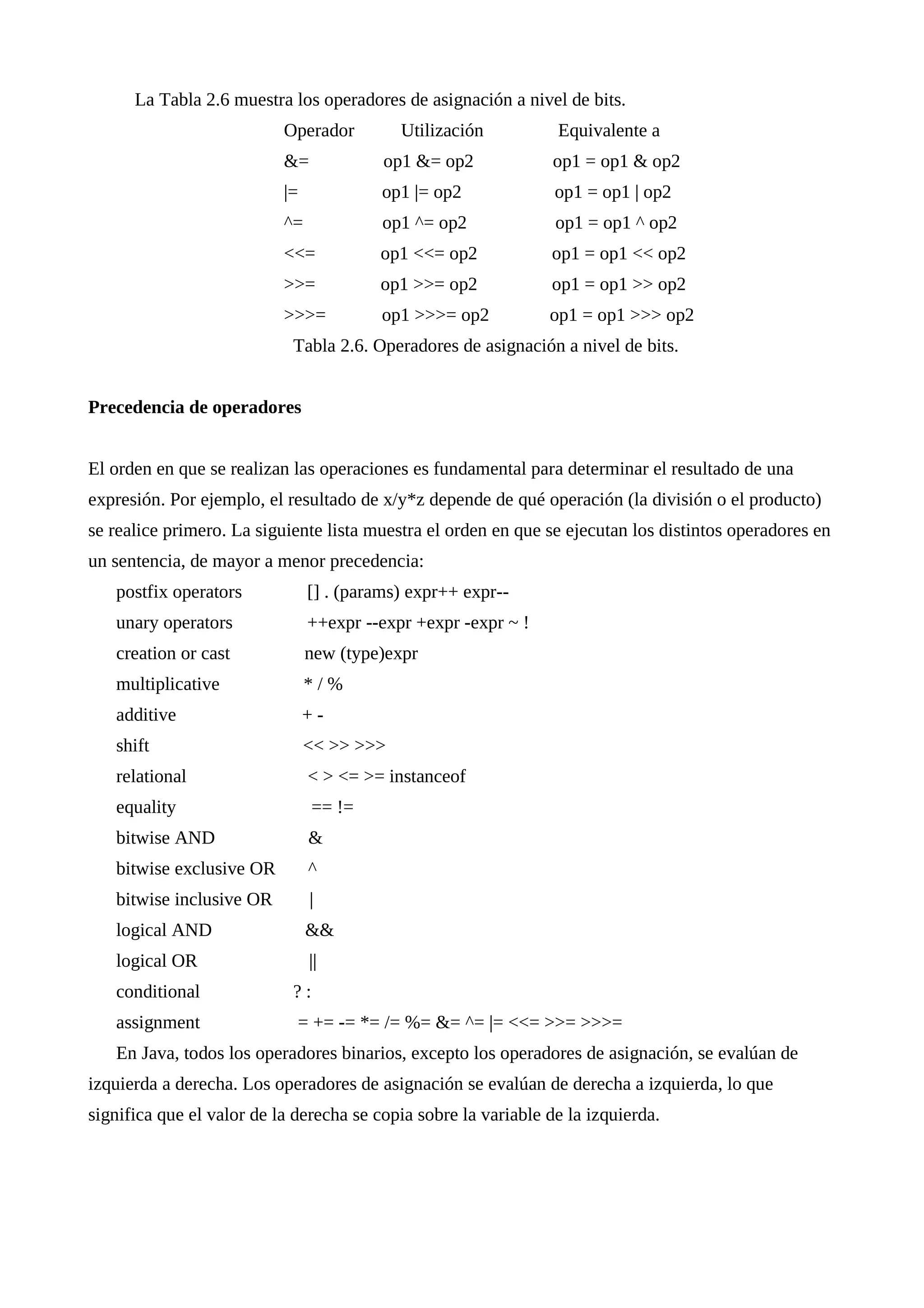 La Tabla 2.6 muestra los operadores de asignación a nivel de bits.
Operador Utilización Equivalente a
&= op1 &= op2 op1 = op1 & op2
|= op1 |= op2 op1 = op1 | op2
^= op1 ^= op2 op1 = op1 ^ op2
<<= op1 <<= op2 op1 = op1 << op2
>>= op1 >>= op2 op1 = op1 >> op2
>>>= op1 >>>= op2 op1 = op1 >>> op2
Tabla 2.6. Operadores de asignación a nivel de bits.
Precedencia de operadores
El orden en que se realizan las operaciones es fundamental para determinar el resultado de una
expresión. Por ejemplo, el resultado de x/y*z depende de qué operación (la división o el producto)
se realice primero. La siguiente lista muestra el orden en que se ejecutan los distintos operadores en
un sentencia, de mayor a menor precedencia:
postfix operators [] . (params) expr++ expr--
unary operators ++expr --expr +expr -expr ~ !
creation or cast new (type)expr
multiplicative * / %
additive + -
shift << >> >>>
relational < > <= >= instanceof
equality == !=
bitwise AND &
bitwise exclusive OR ^
bitwise inclusive OR |
logical AND &&
logical OR ||
conditional ? :
assignment = += -= *= /= %= &= ^= |= <<= >>= >>>=
En Java, todos los operadores binarios, excepto los operadores de asignación, se evalúan de
izquierda a derecha. Los operadores de asignación se evalúan de derecha a izquierda, lo que
significa que el valor de la derecha se copia sobre la variable de la izquierda.
 