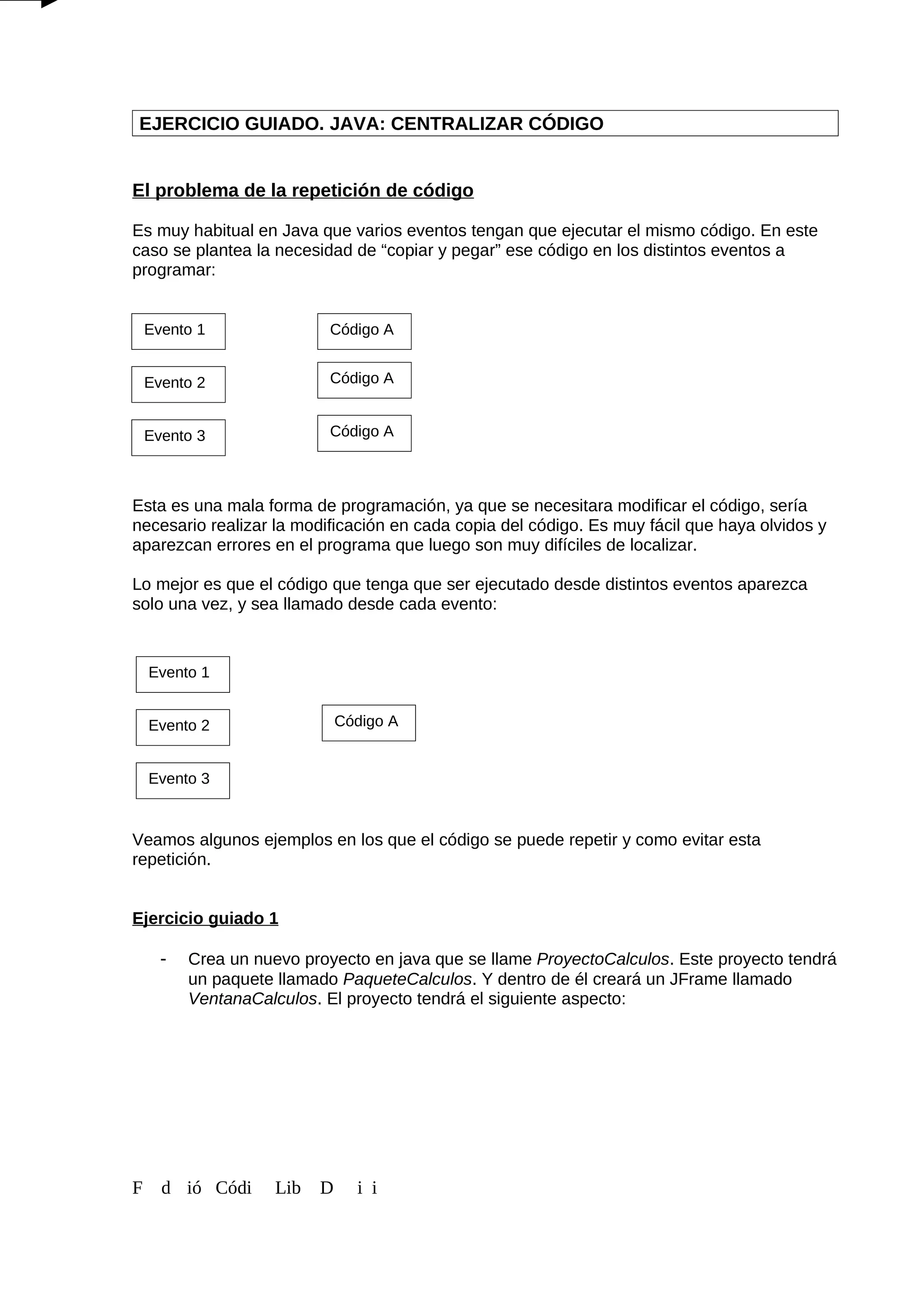 EJERCICIO GUIADO. JAVA: CENTRALIZAR CÓDIGO
El problema de la repetición de código
Es muy habitual en Java que varios eventos tengan que ejecutar el mismo código. En este
caso se plantea la necesidad de “copiar y pegar” ese código en los distintos eventos a
programar:
Esta es una mala forma de programación, ya que se necesitara modificar el código, sería
necesario realizar la modificación en cada copia del código. Es muy fácil que haya olvidos y
aparezcan errores en el programa que luego son muy difíciles de localizar.
Lo mejor es que el código que tenga que ser ejecutado desde distintos eventos aparezca
solo una vez, y sea llamado desde cada evento:
Veamos algunos ejemplos en los que el código se puede repetir y como evitar esta
repetición.
Ejercicio guiado 1
- Crea un nuevo proyecto en java que se llame ProyectoCalculos. Este proyecto tendrá
un paquete llamado PaqueteCalculos. Y dentro de él creará un JFrame llamado
VentanaCalculos. El proyecto tendrá el siguiente aspecto:
F d ió Códi Lib D i i
Evento 1
Evento 2
Evento 3
Código A
Código A
Código A
Evento 1
Evento 2
Evento 3
Código A
 