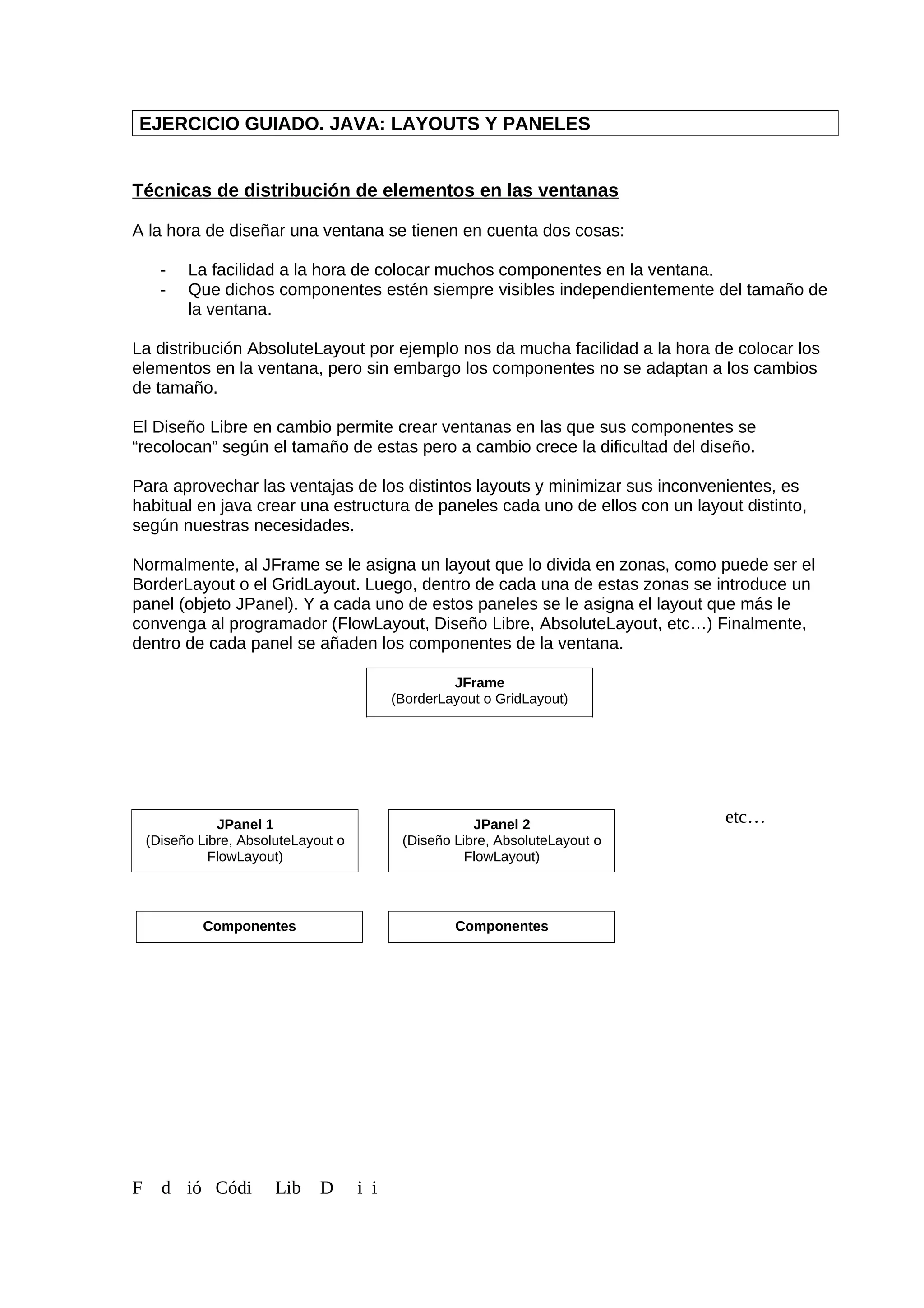 EJERCICIO GUIADO. JAVA: LAYOUTS Y PANELES
Técnicas de distribución de elementos en las ventanas
A la hora de diseñar una ventana se tienen en cuenta dos cosas:
- La facilidad a la hora de colocar muchos componentes en la ventana.
- Que dichos componentes estén siempre visibles independientemente del tamaño de
la ventana.
La distribución AbsoluteLayout por ejemplo nos da mucha facilidad a la hora de colocar los
elementos en la ventana, pero sin embargo los componentes no se adaptan a los cambios
de tamaño.
El Diseño Libre en cambio permite crear ventanas en las que sus componentes se
“recolocan” según el tamaño de estas pero a cambio crece la dificultad del diseño.
Para aprovechar las ventajas de los distintos layouts y minimizar sus inconvenientes, es
habitual en java crear una estructura de paneles cada uno de ellos con un layout distinto,
según nuestras necesidades.
Normalmente, al JFrame se le asigna un layout que lo divida en zonas, como puede ser el
BorderLayout o el GridLayout. Luego, dentro de cada una de estas zonas se introduce un
panel (objeto JPanel). Y a cada uno de estos paneles se le asigna el layout que más le
convenga al programador (FlowLayout, Diseño Libre, AbsoluteLayout, etc…) Finalmente,
dentro de cada panel se añaden los componentes de la ventana.
F d ió Códi Lib D i i
JFrame
(BorderLayout o GridLayout)
JPanel 1
(Diseño Libre, AbsoluteLayout o
FlowLayout)
JPanel 2
(Diseño Libre, AbsoluteLayout o
FlowLayout)
Componentes Componentes
etc…
 