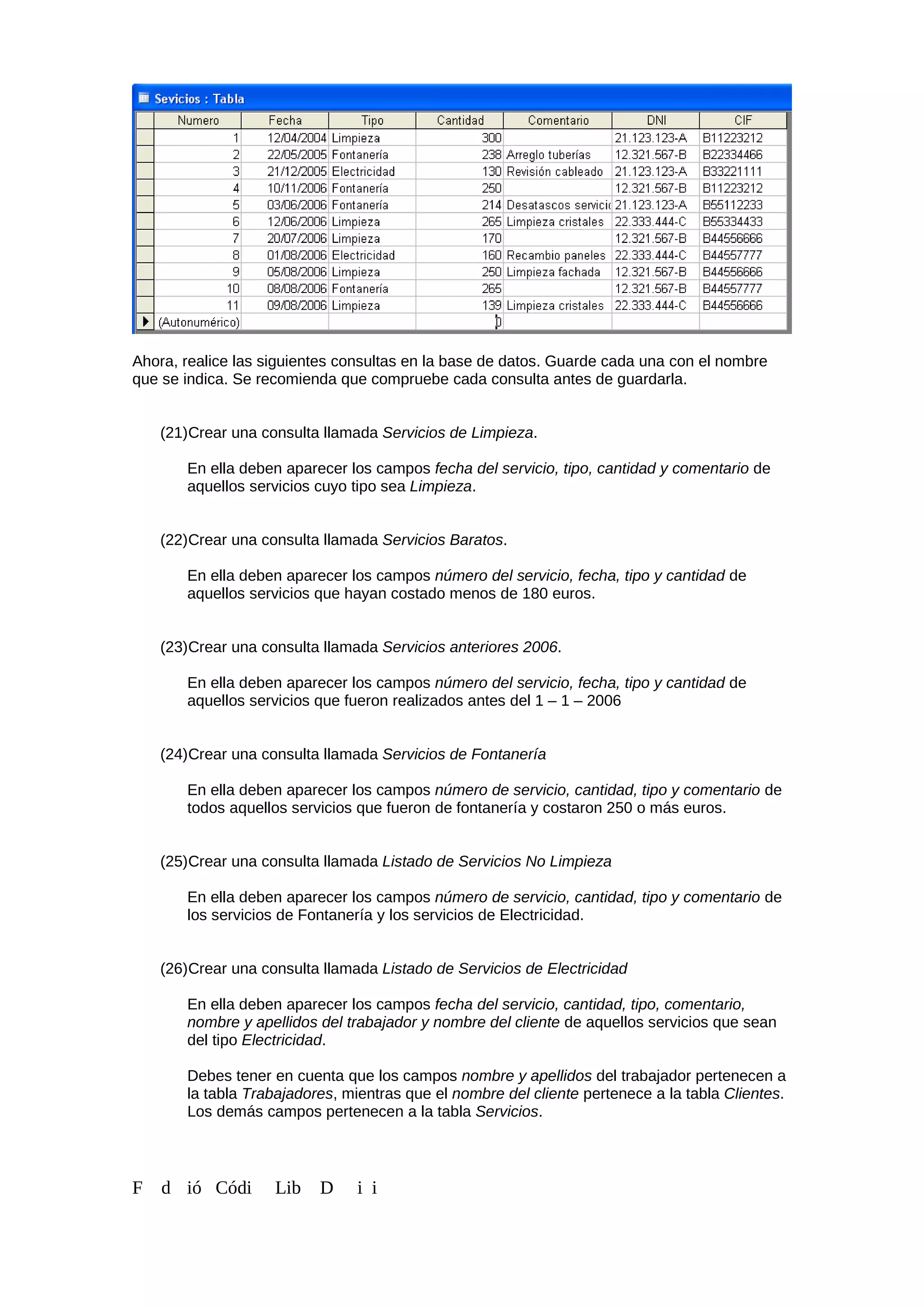 Ahora, realice las siguientes consultas en la base de datos. Guarde cada una con el nombre
que se indica. Se recomienda que compruebe cada consulta antes de guardarla.
(21)Crear una consulta llamada Servicios de Limpieza.
En ella deben aparecer los campos fecha del servicio, tipo, cantidad y comentario de
aquellos servicios cuyo tipo sea Limpieza.
(22)Crear una consulta llamada Servicios Baratos.
En ella deben aparecer los campos número del servicio, fecha, tipo y cantidad de
aquellos servicios que hayan costado menos de 180 euros.
(23)Crear una consulta llamada Servicios anteriores 2006.
En ella deben aparecer los campos número del servicio, fecha, tipo y cantidad de
aquellos servicios que fueron realizados antes del 1 – 1 – 2006
(24)Crear una consulta llamada Servicios de Fontanería
En ella deben aparecer los campos número de servicio, cantidad, tipo y comentario de
todos aquellos servicios que fueron de fontanería y costaron 250 o más euros.
(25)Crear una consulta llamada Listado de Servicios No Limpieza
En ella deben aparecer los campos número de servicio, cantidad, tipo y comentario de
los servicios de Fontanería y los servicios de Electricidad.
(26)Crear una consulta llamada Listado de Servicios de Electricidad
En ella deben aparecer los campos fecha del servicio, cantidad, tipo, comentario,
nombre y apellidos del trabajador y nombre del cliente de aquellos servicios que sean
del tipo Electricidad.
Debes tener en cuenta que los campos nombre y apellidos del trabajador pertenecen a
la tabla Trabajadores, mientras que el nombre del cliente pertenece a la tabla Clientes.
Los demás campos pertenecen a la tabla Servicios.
F d ió Códi Lib D i i
 