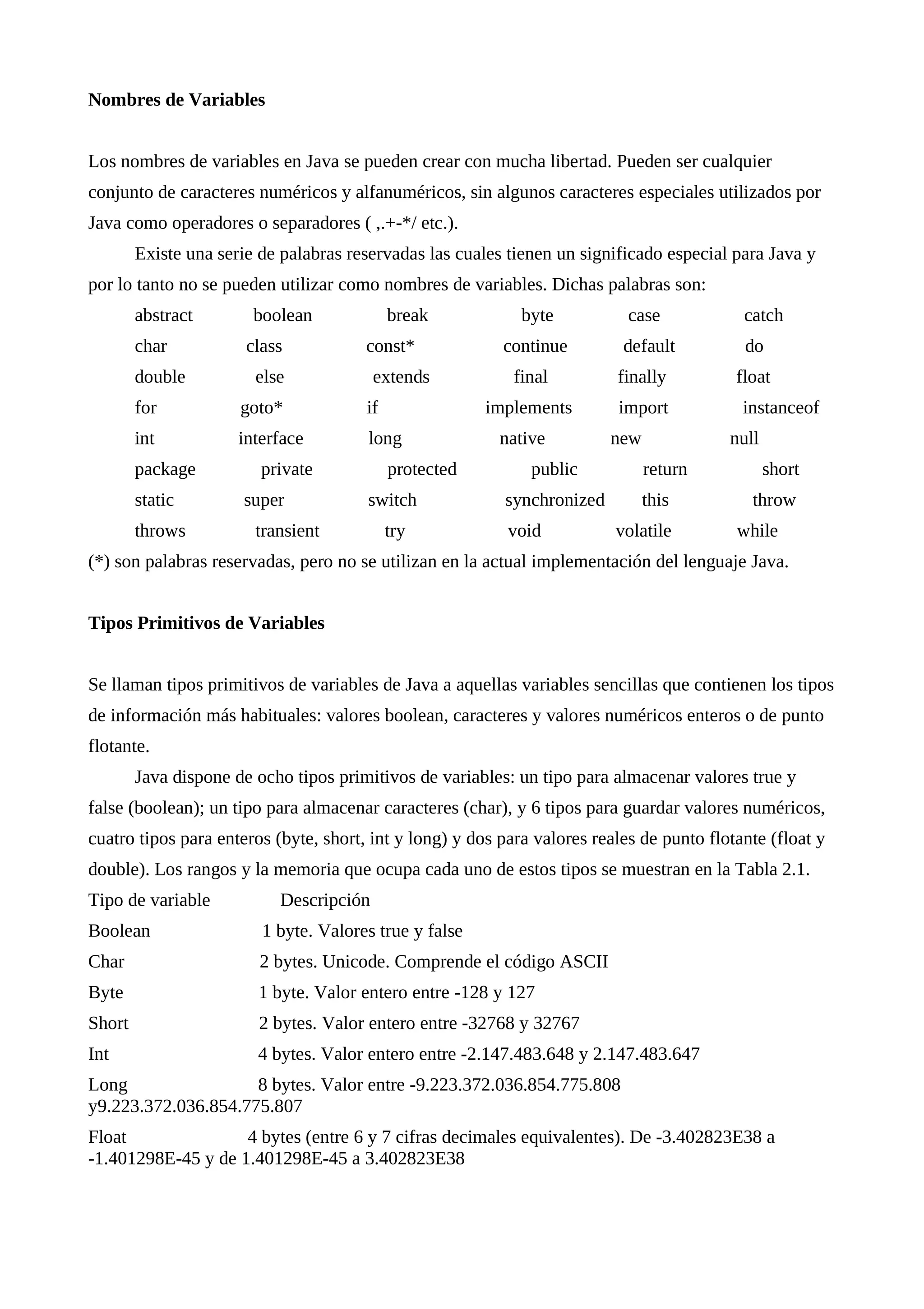 Nombres de Variables
Los nombres de variables en Java se pueden crear con mucha libertad. Pueden ser cualquier
conjunto de caracteres numéricos y alfanuméricos, sin algunos caracteres especiales utilizados por
Java como operadores o separadores ( ,.+-*/ etc.).
Existe una serie de palabras reservadas las cuales tienen un significado especial para Java y
por lo tanto no se pueden utilizar como nombres de variables. Dichas palabras son:
abstract boolean break byte case catch
char class const* continue default do
double else extends final finally float
for goto* if implements import instanceof
int interface long native new null
package private protected public return short
static super switch synchronized this throw
throws transient try void volatile while
(*) son palabras reservadas, pero no se utilizan en la actual implementación del lenguaje Java.
Tipos Primitivos de Variables
Se llaman tipos primitivos de variables de Java a aquellas variables sencillas que contienen los tipos
de información más habituales: valores boolean, caracteres y valores numéricos enteros o de punto
flotante.
Java dispone de ocho tipos primitivos de variables: un tipo para almacenar valores true y
false (boolean); un tipo para almacenar caracteres (char), y 6 tipos para guardar valores numéricos,
cuatro tipos para enteros (byte, short, int y long) y dos para valores reales de punto flotante (float y
double). Los rangos y la memoria que ocupa cada uno de estos tipos se muestran en la Tabla 2.1.
Tipo de variable Descripción
Boolean 1 byte. Valores true y false
Char 2 bytes. Unicode. Comprende el código ASCII
Byte 1 byte. Valor entero entre -128 y 127
Short 2 bytes. Valor entero entre -32768 y 32767
Int 4 bytes. Valor entero entre -2.147.483.648 y 2.147.483.647
Long 8 bytes. Valor entre -9.223.372.036.854.775.808
y9.223.372.036.854.775.807
Float 4 bytes (entre 6 y 7 cifras decimales equivalentes). De -3.402823E38 a
-1.401298E-45 y de 1.401298E-45 a 3.402823E38
 