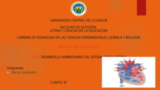 UNIVERSIDAD CENTRAL DEL ECUADOR
FACULTAD DE FILOSOFÍA,
LETRAS Y CIENCIAS DE LA EDUCACIÓN
CARRERA DE PEDAGOGÍA DE LAS CIENCIAS EXPERIMENTALES, QUÍMICA Y BIOLOGÍA
BIOLOGÍA DEL DESARROLLO
TEMA: DESARROLLO EMBRIONARIO DEL SISTEMA CIRCULATORIO
Integrantes:
 Nancy Gualotuña
CUARTO “A”
 