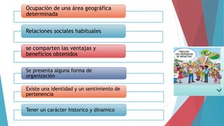 Ocupación de una área geográfica
determinada
Relaciones sociales habituales
se comparten las ventajas y
beneficios obtenidos
Se presenta alguna forma de
organización
Existe una identidad y un sentimiento de
pertenencia
Tener un carácter historico y dinamico
 