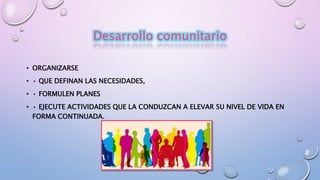 Desarrollo comunitario
• ORGANIZARSE
• • QUE DEFINAN LAS NECESIDADES,
• • FORMULEN PLANES
• • EJECUTE ACTIVIDADES QUE LA CONDUZCAN A ELEVAR SU NIVEL DE VIDA EN
FORMA CONTINUADA.
 