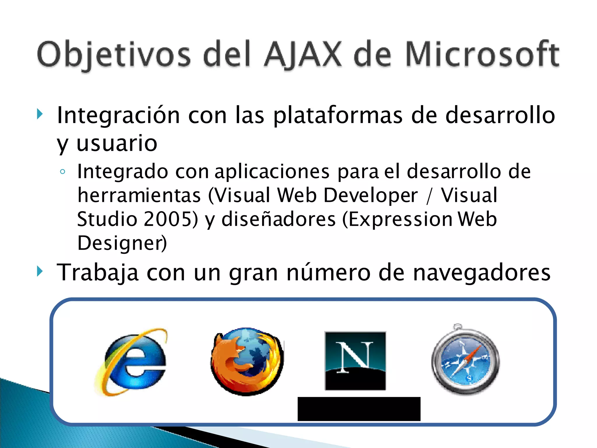 Integración con las plataformas de desarrollo y usuario Integrado con aplicaciones para el desarrollo de herramientas  ( Visual Web Developer / Visual Studio 2005 )  y diseñadores  ( Expression Web Designer ) Trabaja con un gran número de navegadores 