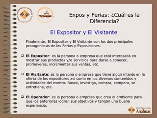Expos y Ferias: ¿Cuál es la
                                  Diferencia?

                El Expositor y El Visitante
  Finalmente, El Expositor y El Visitante son los dos principales
  protagonistas de las Ferias y Exposiciones.

 El Expositor: es la persona o empresa que está interesada en
  mostrar sus productos y/o servicios para darse a conocer,
  promoverse, incrementar sus ventas, etc.

 El Visitante: es la persona o empresa que tiene algún interés en la
  oferta de los expositores así como en los diversos contenidos y
  actividades del evento. Busca, investiga, compra, compara, se
  entretiene, etc.

 El Operador: es la persona o empresa que crea el ambiente para
  que los anteriores logren sus objetivos y tengan una buena
  experiencia.
 