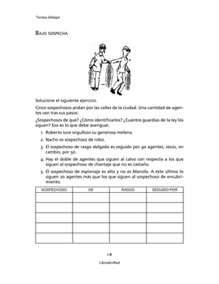 Teresa Aldape
118
LibrosEnRed
BAJO SOSPECHA
Solucione el siguiente ejercicio.
Cinco sospechosos andan por las calles de la ciudad. Una cantidad de agen-
tes van tras sus pasos:
¿Sospechosos de qué? ¿Cómo identiﬁcarlos? ¿Cuántos guardias de la ley los
siguen? Eso es lo que debe averiguar.
1. Roberto luce orgulloso su generosa melena.
2. Nacho es sospechoso de robo.
3. El sospechoso de rasgo delgado es seguido por 40 agentes, Jesús, en
cambio, por 50.
4. Hay el doble de agentes que siguen al calvo con respecto a los que
siguen al sospechoso de chantaje que no es castaño.
5. El sospechoso de espionaje es alto y no es Manolo. A éste último lo
siguen 20 agentes más que los que siguen al sospechoso de encubri-
miento.
SOSPECHOSO DE RASGO SEGUIDO POR
 
