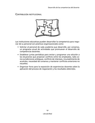 Desarrollo de las competencias del docente
191
LibrosEnRed
CONTRIBUCIÓN INSTITUCIONAL
Las instituciones educativas pueden desarrollar la competencia para nego-
ciar de su personal con prácticas organizacionales como:
• Solicitar al personal de cada academia que desarrolle, por consenso,
un programa anual de actividades que promuevan el desarrollo de
competencias docentes.
• Establecer juntas periódicas para revisar y programar una solución a
las situaciones que propician conﬂicto entre los empleados, tales co-
mo jurisdicciones ambiguas, conﬂicto de intereses, incumplimiento de
acuerdos, necesidad de consenso y mantener conﬂictos anteriores no
resueltos.
• Organizar foros para la exposición de experiencias docentes sobre la
aplicación del proceso de negociación y los resultados obtenidos.
 