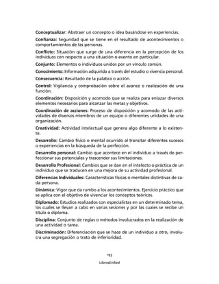 193
LibrosEnRed
Conceptualizar: Abstraer un concepto o idea basándose en experiencias.
Conﬁanza: Seguridad que se tiene en el resultado de acontecimientos o
comportamientos de las personas.
Conﬂicto: Situación que surge de una diferencia en la percepción de los
individuos con respecto a una situación o evento en particular.
Conjunto: Elementos o individuos unidos por un vínculo común.
Conocimiento: Información adquirida a través del estudio o vivencia personal.
Consecuencia: Resultado de la palabra o acción.
Control: Vigilancia y comprobación sobre el avance o realización de una
función.
Coordinación: Disposición y acomodo que se realiza para enlazar diversos
elementos necesarios para alcanzar las metas y objetivos.
Coordinación de acciones: Proceso de disposición y acomodo de las acti-
vidades de diversos miembros de un equipo o diferentes unidades de una
organización.
Creatividad: Actividad intelectual que genera algo diferente a lo existen-
te.
Desarrollo: Cambio físico o mental ocurrido al transitar diferentes sucesos
o experiencias en la búsqueda de la perfección.
Desarrollo personal: Cambio que acontece en el individuo a través de per-
feccionar sus potenciales y trascender sus limitaciones.
Desarrollo Profesional: Cambios que se dan en el intelecto o práctica de un
individuo que se traducen en una mejora de su actividad profesional.
Diferencias Individuales: Características físicas o mentales distintivas de ca-
da persona.
Dinámica: Vigor que da rumbo a los acontecimientos. Ejercicio práctico que
se aplica con el objetivo de vivenciar los conceptos teóricos.
Diplomado: Estudios realizados con especialistas en un determinado tema,
los cuales se llevan a cabo en varias sesiones y por las cuales se recibe un
título o diploma.
Disciplina: Conjunto de reglas o métodos involucrados en la realización de
una actividad o tarea.
Discriminación: Diferenciación que se hace de un individuo a otro, involu-
cra una segregación o trato de inferioridad.
 