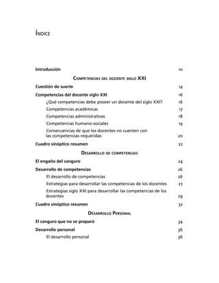 ÍNDICE
Introducción 10
COMPETENCIAS DEL DOCENTE SIGLO XXI
Cuestión de suerte 14
Competencias del docente siglo XXI 16
¿Qué competencias debe poseer un docente del siglo XXI? 16
Competencias académicas 17
Competencias administrativas 18
Competencias humano-sociales 19
Consecuencias de que los docentes no cuenten con
las competencias requeridas 20
Cuadro sinóptico resumen 22
DESARROLLO DE COMPETENCIAS
El engaño del canguro 24
Desarrollo de competencias 26
El desarrollo de competencias 26
Estrategias para desarrollar las competencias de los docentes 27
Estrategias siglo XXI para desarrollar las competencias de los
docentes 29
Cuadro sinóptico resumen 32
DESARROLLO PERSONAL
El canguro que no se preparó 34
Desarrollo personal 36
El desarrollo personal 36
 