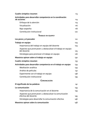 Cuadro sinóptico resumen 113
Actividades para desarrollar competencia en la coordinación
de acciones 114
Enfoque de la atención 114
Visualización 116
Bajo sospecha 118
Contribución institucional 120
TRABAJO EN EQUIPO1
Los peces y el pescador 122
Trabajo en equipo 124
Importancia del trabajo en equipo del docente 124
Aspectos que promueven u obstaculizan el trabajo en equipo
del docente 125
Estrategias para promover el trabajo en equipo 126
Maestros opinan sobre el trabajo en equipo 130
Cuadro sinóptico resumen 133
Actividades para desarrollar competencia en el trabajo en equipo 134
Meditación analítica 134
Análisis de películas 137
Experimente con el trabajo en equipo 138
Contribución institucional 139
COMUNICACIÓN
El signiﬁcado de las palabras 141
La comunicación 143
Importancia de la comunicación en el docente 143
Aspectos que promueven u obstaculizan la comunicación
efectiva del docente 145
Estrategias para desarrollar la comunicación efectiva 146
Maestros opinan sobre la comunicación 148
 