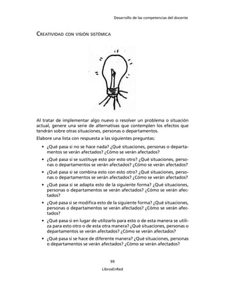 Desarrollo de las competencias del docente
99
LibrosEnRed
CREATIVIDAD CON VISIÓN SISTÉMICA
Al tratar de implementar algo nuevo o resolver un problema o situación
actual, genere una serie de alternativas que contemplen los efectos que
tendrán sobre otras situaciones, personas o departamentos.
Elabore una lista con respuesta a las siguientes preguntas:
• ¿Qué pasa si no se hace nada? ¿Qué situaciones, personas o departa-
mentos se verán afectados? ¿Cómo se verán afectados?
• ¿Qué pasa si se sustituye esto por esto otro? ¿Qué situaciones, perso-
nas o departamentos se verán afectados? ¿Cómo se verán afectados?
• ¿Qué pasa si se combina esto con esto otro? ¿Qué situaciones, perso-
nas o departamentos se verán afectados? ¿Cómo se verán afectados?
• ¿Qué pasa si se adapta esto de la siguiente forma? ¿Qué situaciones,
personas o departamentos se verán afectados? ¿Cómo se verán afec-
tados?
• ¿Qué pasa si se modiﬁca esto de la siguiente forma? ¿Qué situaciones,
personas o departamentos se verán afectados? ¿Cómo se verán afec-
tados?
• ¿Qué pasa si en lugar de utilizarlo para esto o de esta manera se utili-
za para esto otro o de esta otra manera? ¿Qué situaciones, personas o
departamentos se verán afectados? ¿Cómo se verán afectados?
• ¿Qué pasa si se hace de diferente manera? ¿Qué situaciones, personas
o departamentos se verán afectados? ¿Cómo se verán afectados?
 