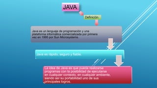 Java es un lenguaje de programación y una
plataforma informática comercializada por primera
vez en 1995 por Sun Microsystems.
Java es rápido, seguro y fiable.
La idea de Java es que pueda realizarse
programas con la posibilidad de ejecutarse
en cualquier contexto, en cualquier ambiente,
siendo así su portabilidad uno de sus
principales logros.
JAVA
Definición
 
