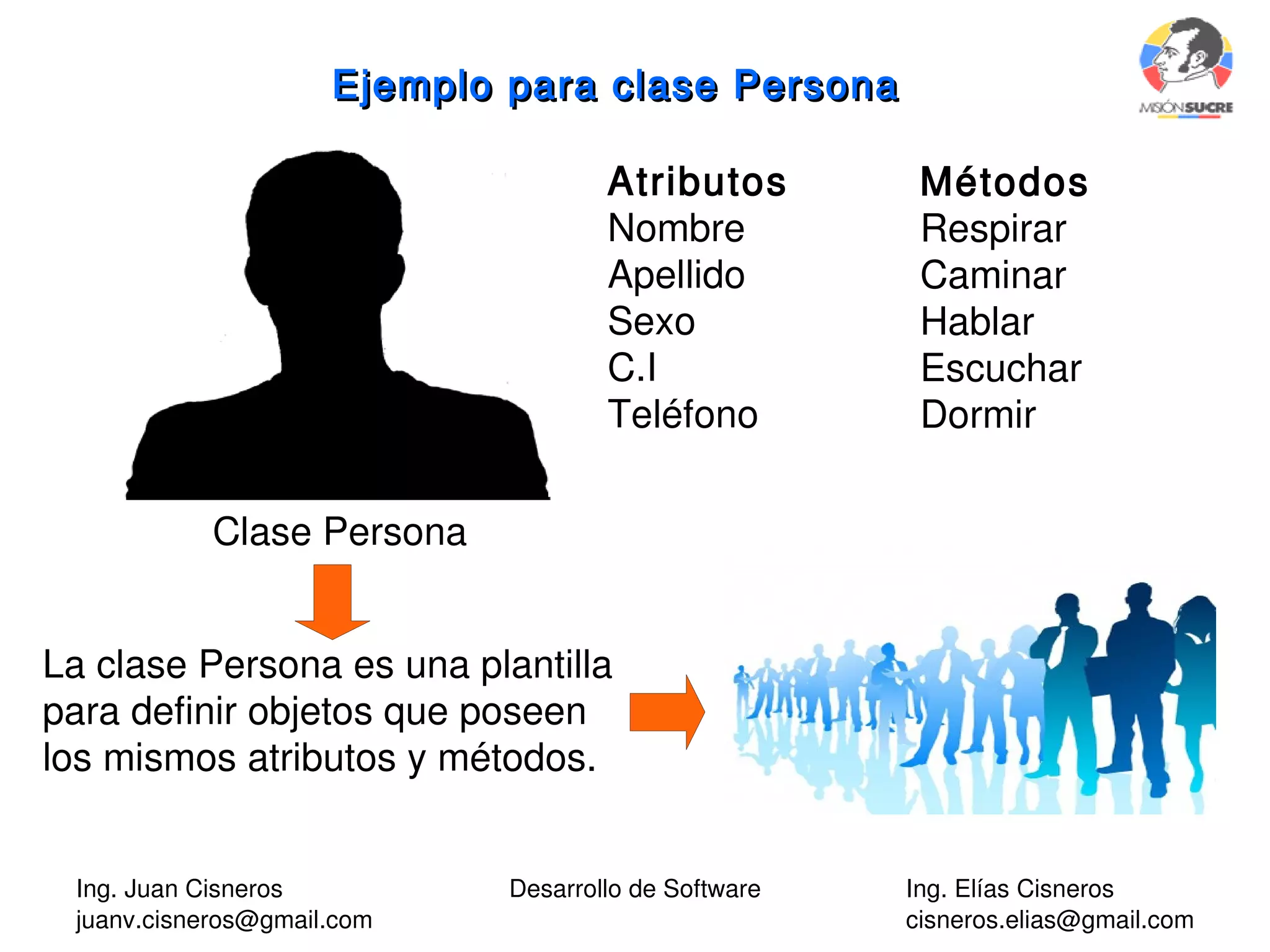 Ing. Juan Cisneros
juanv.cisneros@gmail.com
Desarrollo de Software Ing. Elías Cisneros
cisneros.elias@gmail.com
Ejemplo para clase PersonaEjemplo para clase Persona
Atributos
Nombre
Apellido
Sexo
C.I
Teléfono
Métodos
Respirar
Caminar
Hablar
Escuchar
Dormir
Clase Persona
La clase Persona es una plantilla
para definir objetos que poseen
los mismos atributos y métodos.
 