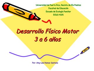Desarrollo Físico Motor 3 a 6 años Universidad de Puerto Rico, Recinto de Río Piedras Facultad de Educación Escuela de Ecología Familiar ECDO 4125 Por: Amy Lee Ramos Santana 