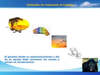 Actitudes en respuesta al Cambio El gerente desde su autoconocimiento y del de su equipo debe reconocer las causas y actuar en consecuencia. 