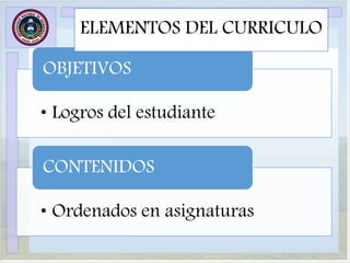 • Logros del estudiante
OBJETIVOS
• Ordenados en asignaturas
CONTENIDOS
ELEMENTOS DEL CURRICULO
 