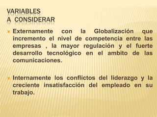 VARIABLES
A CONSIDERAR
   Externamente con la Globalización que
    incremento el nivel de competencia entre las
    empresas , la mayor regulación y el fuerte
    desarrollo tecnológico en el ambito de las
    comunicaciones.

   Internamente los conflictos del liderazgo y la
    creciente insatisfacción del empleado en su
    trabajo.
 