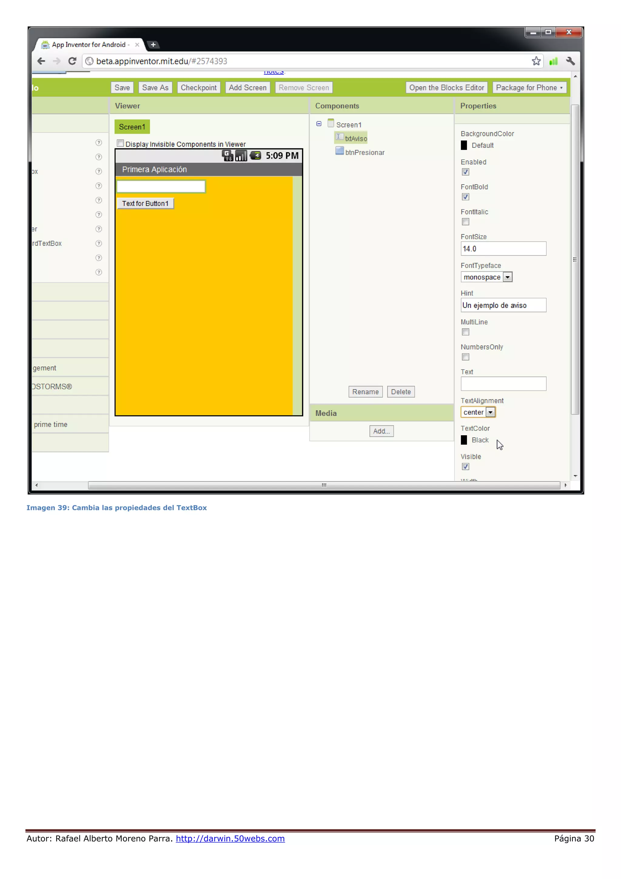 Autor: Rafael Alberto Moreno Parra. http://darwin.50webs.com Página 30
Imagen 39: Cambia las propiedades del TextBox
 