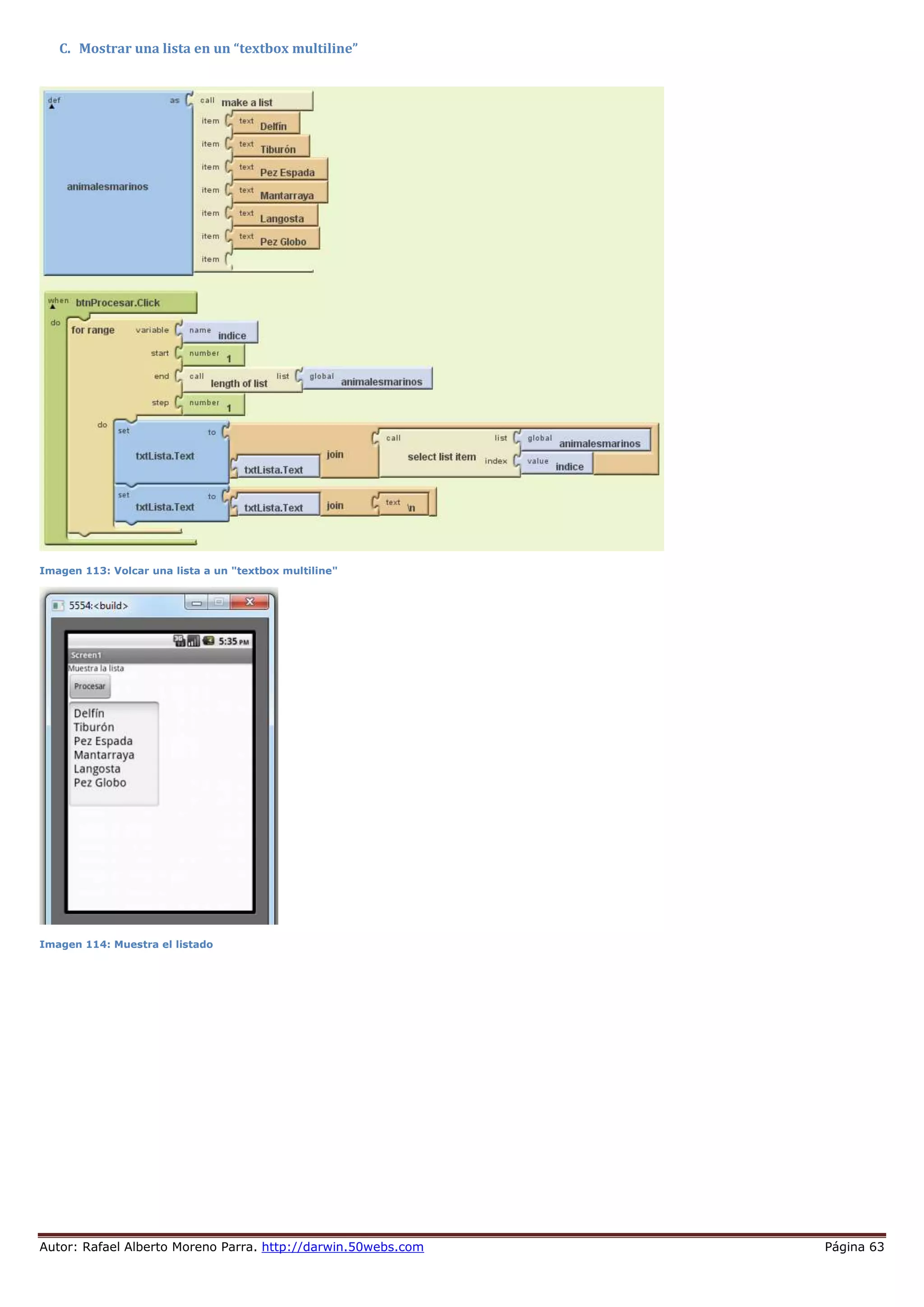 Autor: Rafael Alberto Moreno Parra. http://darwin.50webs.com Página 63
C. Mostrar una lista en un “textbox multiline”
Imagen 113: Volcar una lista a un "textbox multiline"
Imagen 114: Muestra el listado
 