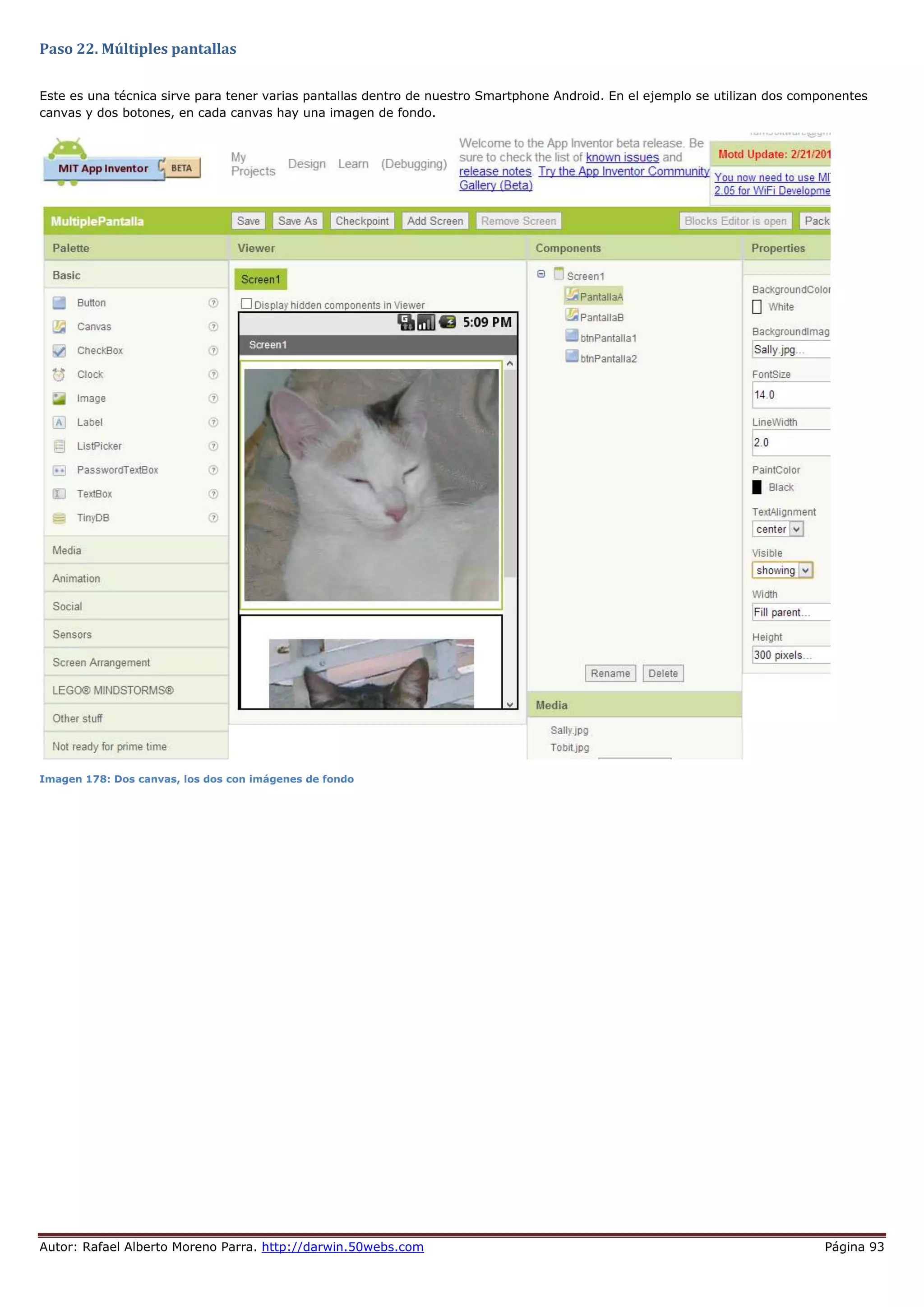 Autor: Rafael Alberto Moreno Parra. http://darwin.50webs.com Página 93
Paso 22. Múltiples pantallas
Este es una técnica sirve para tener varias pantallas dentro de nuestro Smartphone Android. En el ejemplo se utilizan dos componentes
canvas y dos botones, en cada canvas hay una imagen de fondo.
Imagen 178: Dos canvas, los dos con imágenes de fondo
 