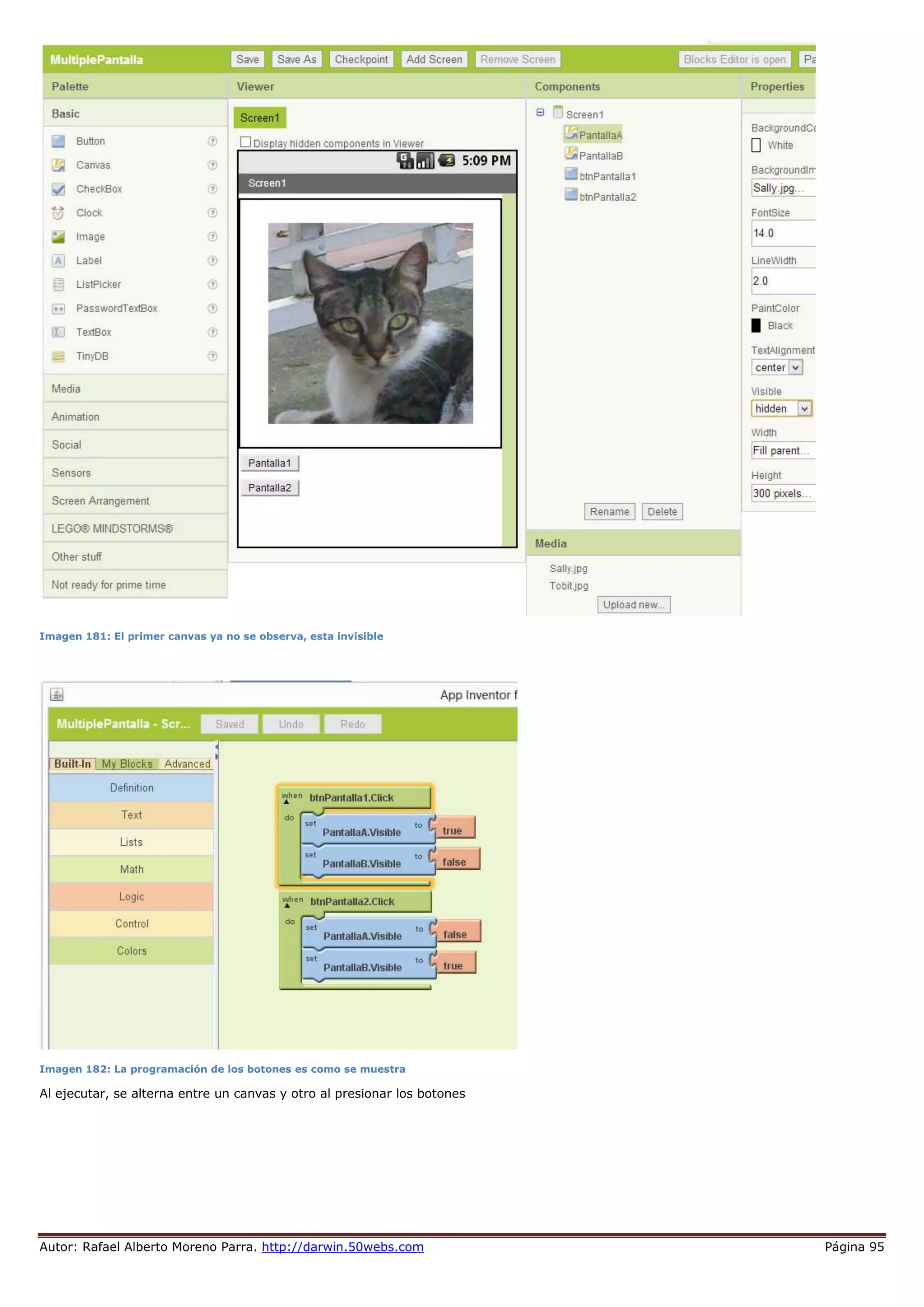 Autor: Rafael Alberto Moreno Parra. http://darwin.50webs.com Página 95
Imagen 181: El primer canvas ya no se observa, esta invisible
Imagen 182: La programación de los botones es como se muestra
Al ejecutar, se alterna entre un canvas y otro al presionar los botones
 