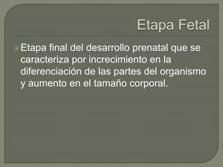 Etapa final del desarrollo prenatal que se
caracteriza por increcimiento en la
diferenciación de las partes del organismo
y aumento en el tamaño corporal.
 